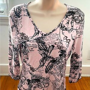 Armand Thiery Affinites French pink novelty newspaper boho blouse, size 2 art